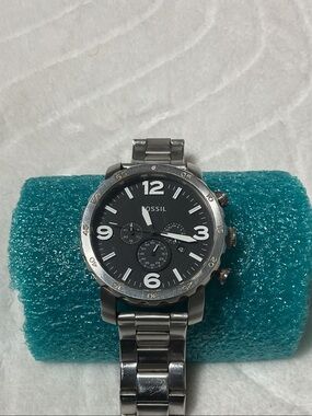 Fossil oversized Silver Stainless Steel Chronograph Watch with Black Dial